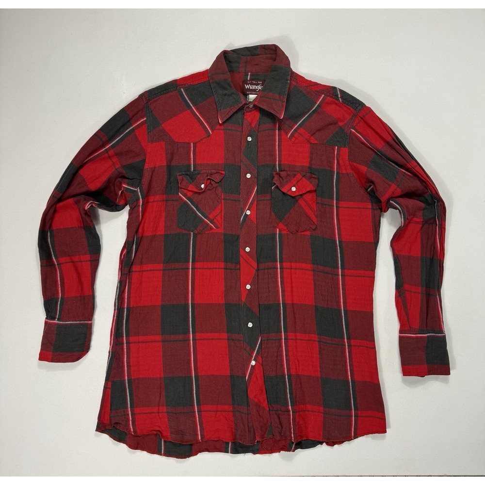 Wrangler Mens XLT Flannel Pearl Snap Shirt Red Black Plaid Western Cowboy VTG